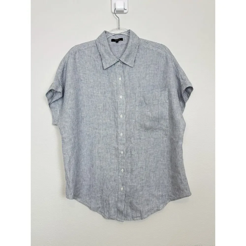 Quince Shirt Women’s Large 100% European Linen Camp Blue Pinstripe - Picture 1 of 10